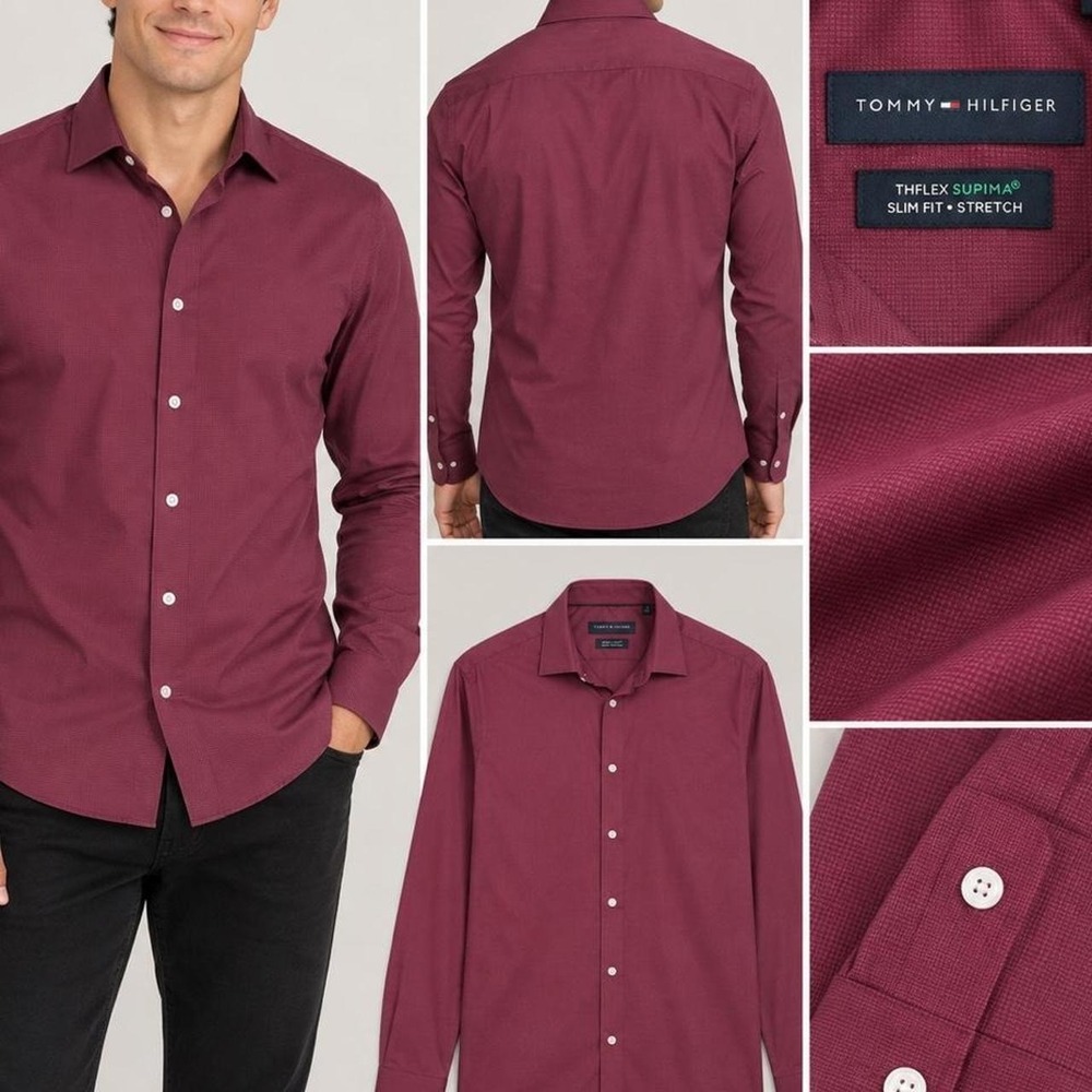 Tommy Hilfiger Button Down Mens M Burgundy Old Money Preppy TH Flex Slim Fit